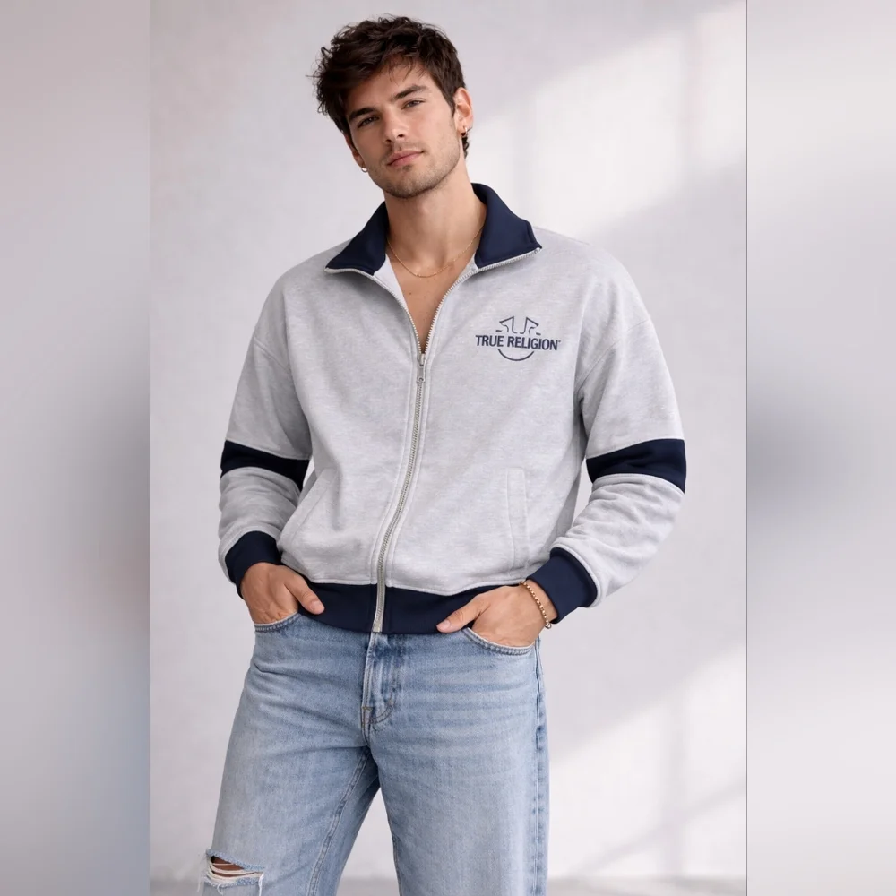 True Religion Light Grey and Navy Full Zip-Up Men Track Jacket Athlesuire